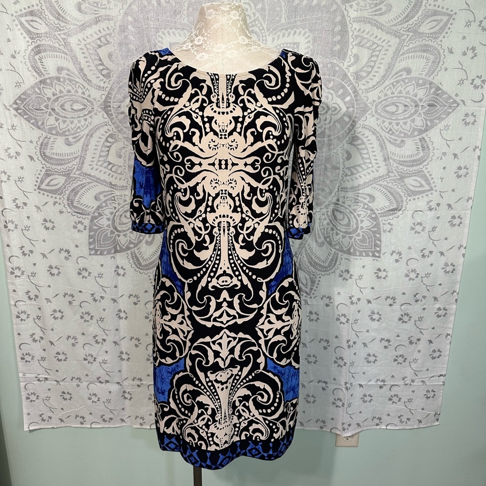 Nice $140 White House Black Market Blue Beige Short Sleeve Dress S Small